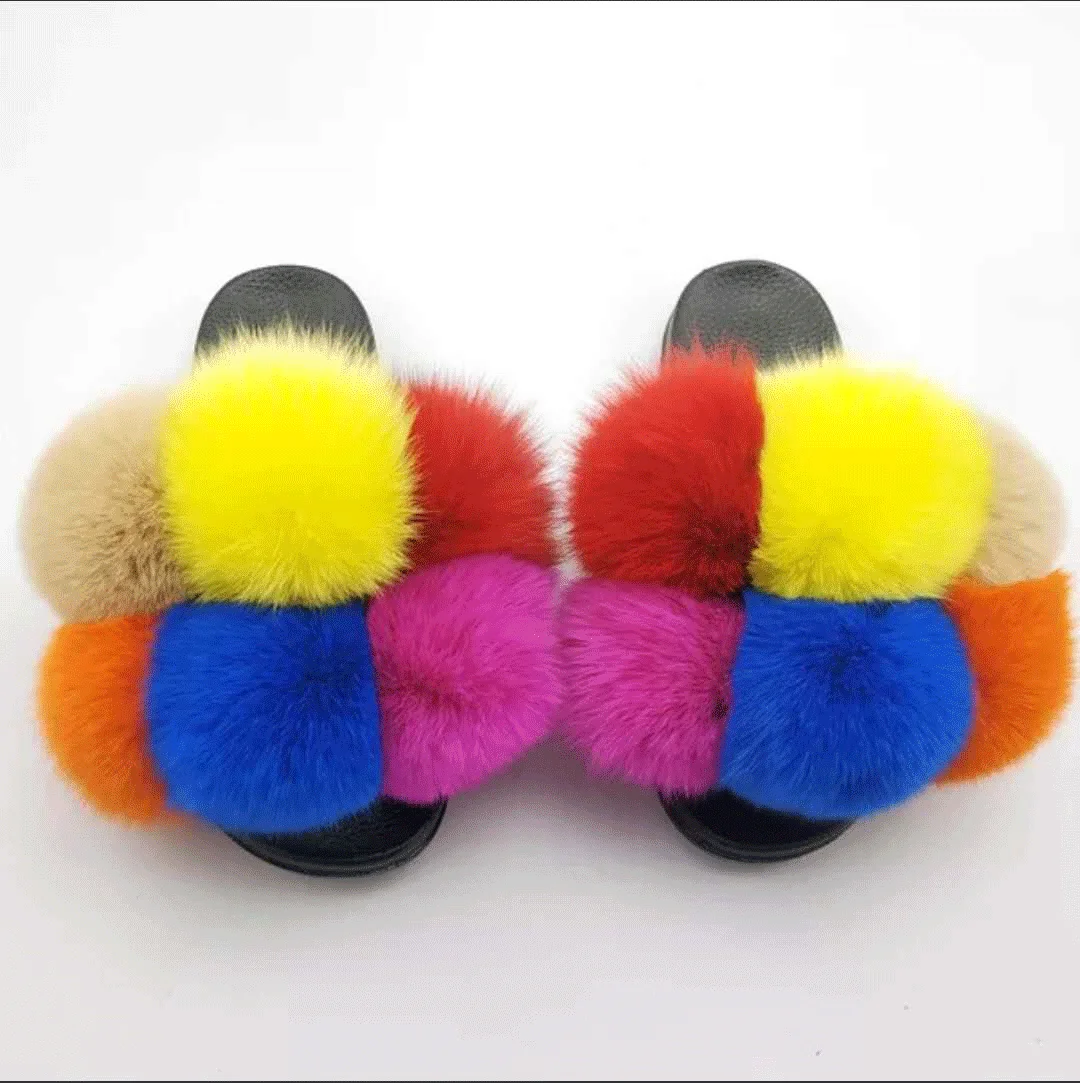 

woman fur slippers light blue white fur slides pom pom fur slides, Customized color
