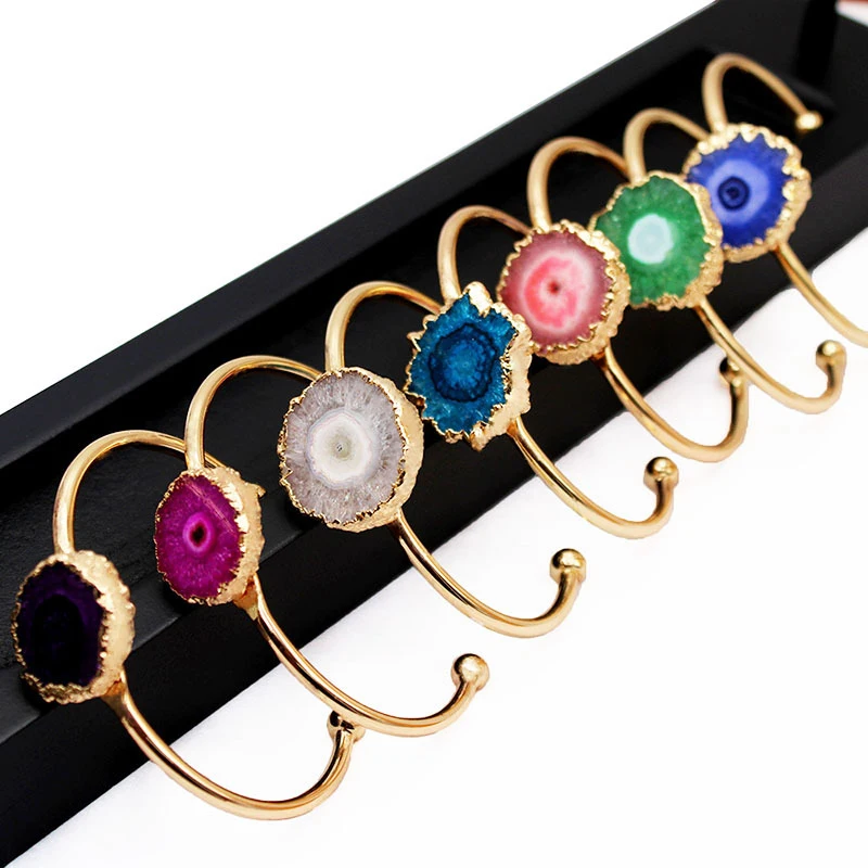 

High Quality Gemstone Bracelet Natural Crystal Plating Gold Wire Wrap Cuff Bangle Turquoise Stone Bangle