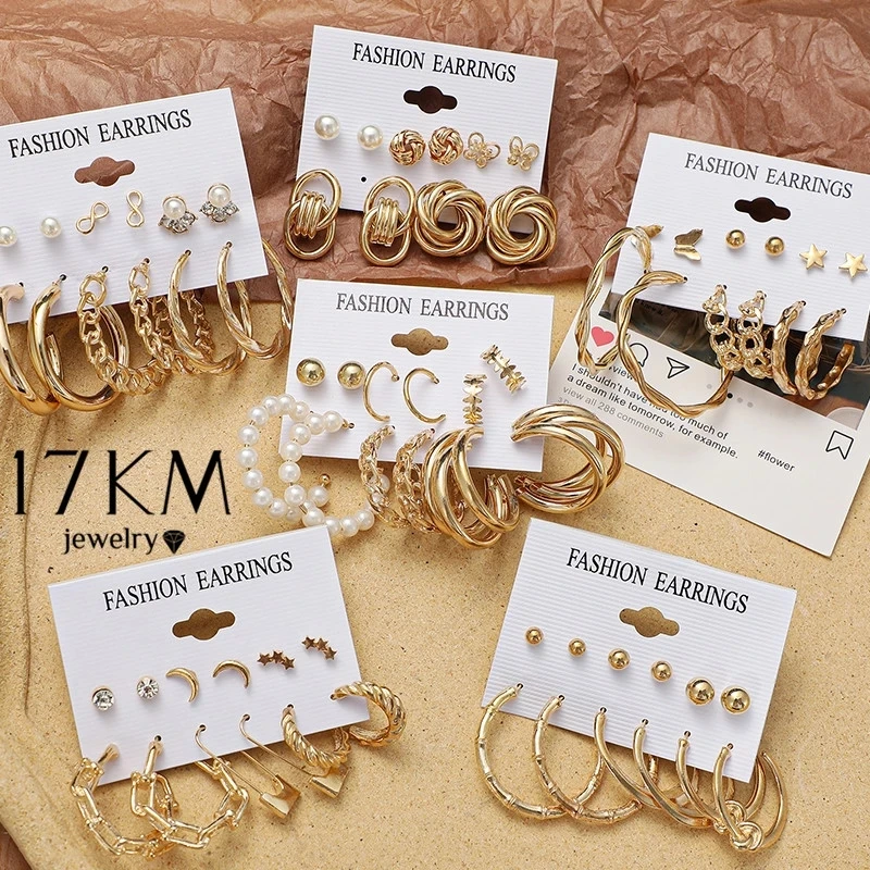 

Trendy Gold Metal stud earrings Set Circle Drop pearl hoop earrings Jewelry For Women