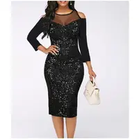 

2019 Female Clothes Open Shoulder Black Sequins Party Dress Casual Shirt Dress