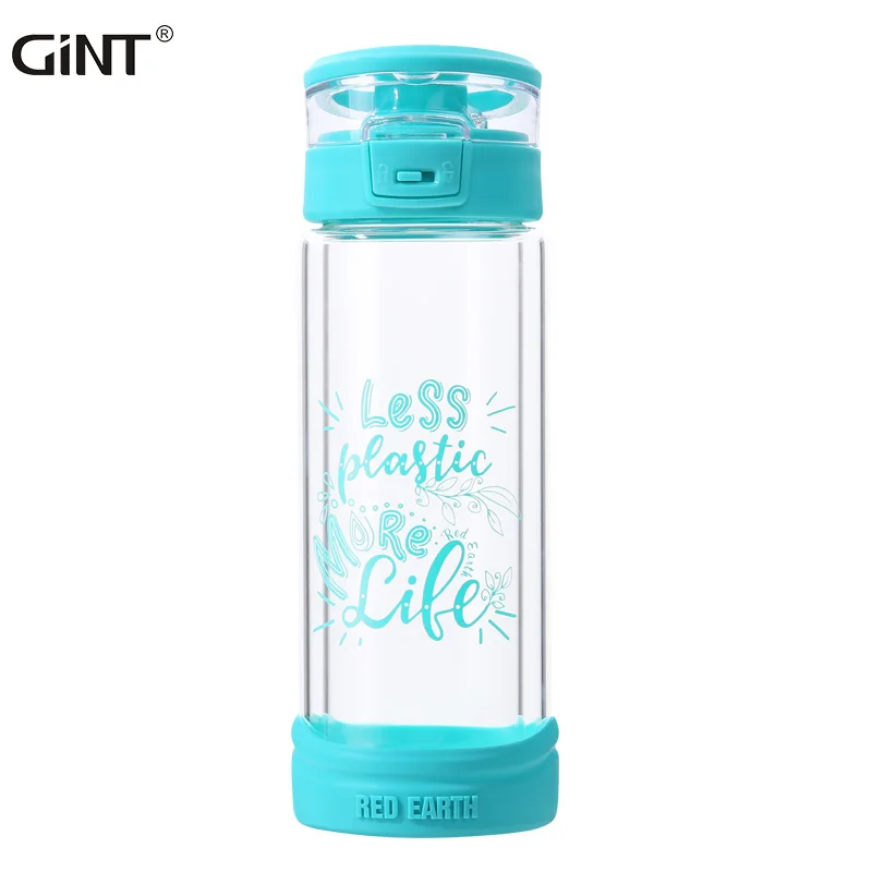 

GiNT 370ml Hidden Handgrip Silicone Rubber Double Wall Glass Water Bottle for Outdoor Camping Hiking, Customized colors acceptable