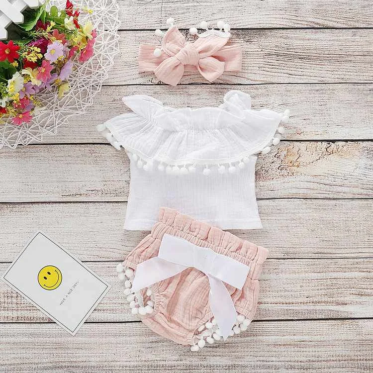 

Toddler Infant Baby Girls Clothes Solid Ruffle Off-Shoulder Tops + Shorts Headband 3pcs Summer Cotton Linen Outfit 0-24M