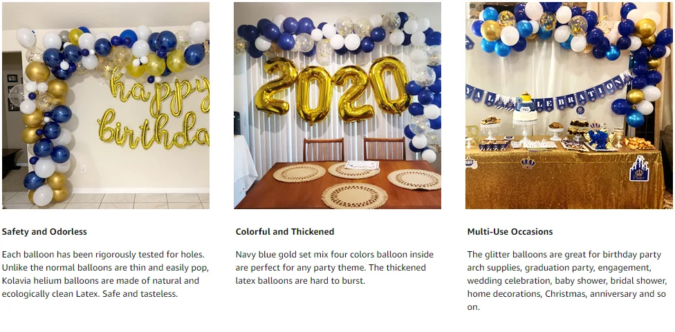PartyWoo Navy Blue Gold Balloons, 40 Pcs Latex Balloons, Navy Blue Balloons, Gold Confetti Balloons and Metallic Gold Balloons, Party Balloons for