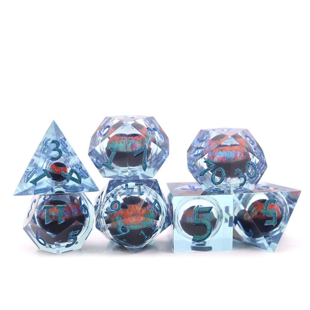 

Custom 16mm Dnd Blue Dice Board Game resin sharp edge d4-d20 polyhedral dice include blood eyes 7pcs dice set