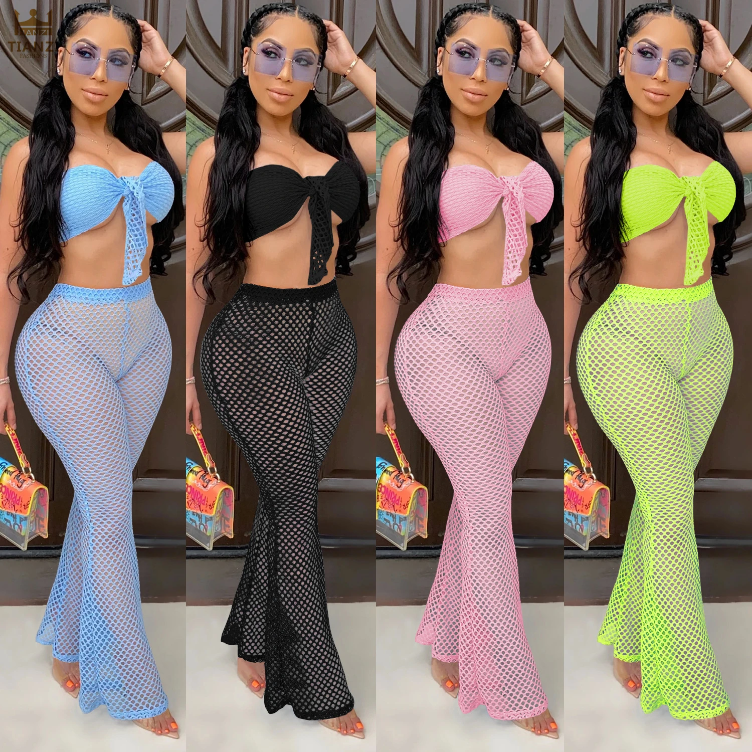 

X5406 - women modern hollow out pants and crop top two piece set