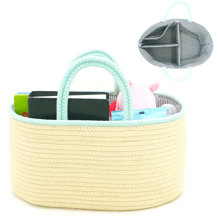 

Super soft cotton rope new light color baby diaper caddy organizer foldable diaper bag with Low MOQ, Cream color with green