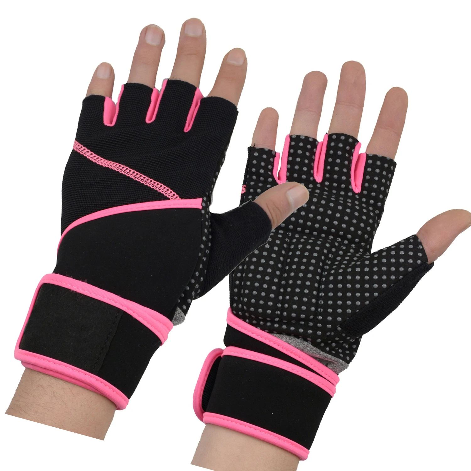 

HANDLANDY full palm gym gloves with wrist support gym gloves synthetic with silicone coating training, Pink