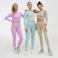 

Women plain seamless 2 piece yoga set ribbed Yoga Set Women Gym Fitness Clothing sports wear seamless yoga pants