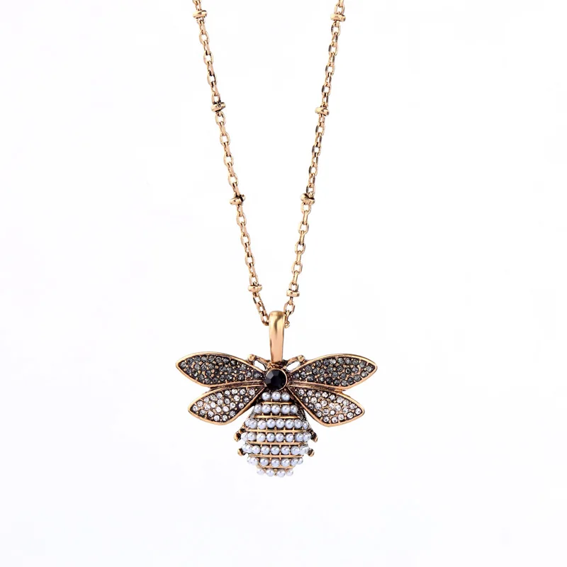 xl01294c Lady Accessory Vintage Gold Insect Series Cute Animal Fancy Crystal Rhinestone Pearl Bee Necklace Long Collier Femme