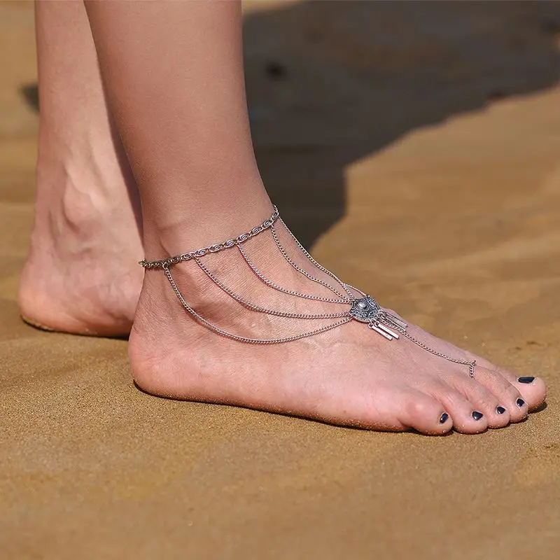 

2021 boho gland anklet Indian antique silver long beach leg anklet feet bare sandals bracelet for woman
