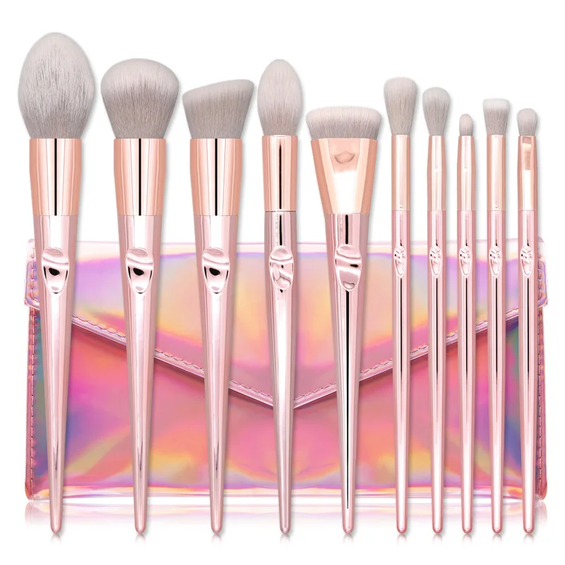 

10 pcs Rose Gold Plastic Plating Handle Blush Make Up Brushes Girls Daily Makeup Brush Set With Case, Show as picture or can customized