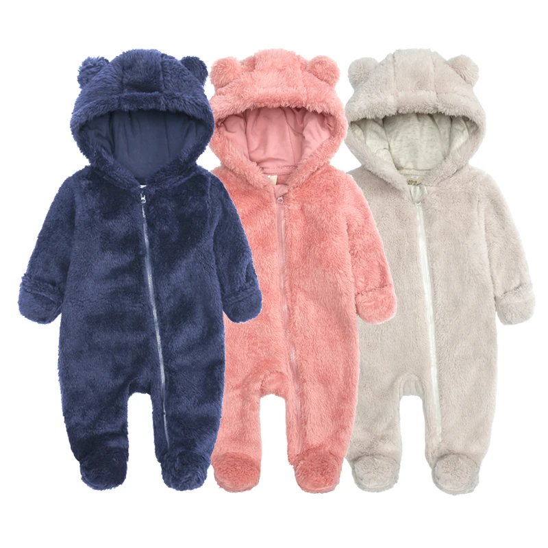 

Cute Bear Newborn Rompers Solid Color Infant Hooded Clothes Cotton with Fleece Baby Winter Romper, As picture