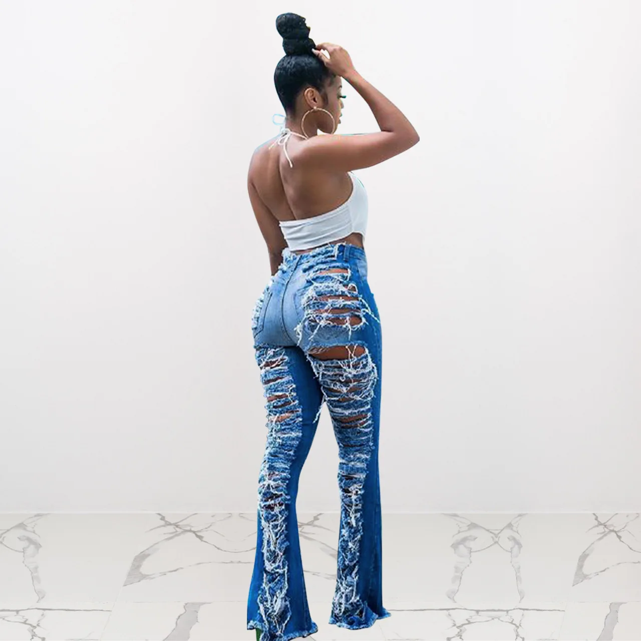 

2022 Spring New fashion Women's Trousers out flare jean Wide leg pants Loose Rise Zipper sexy ripped stretch denim jeans, Blue