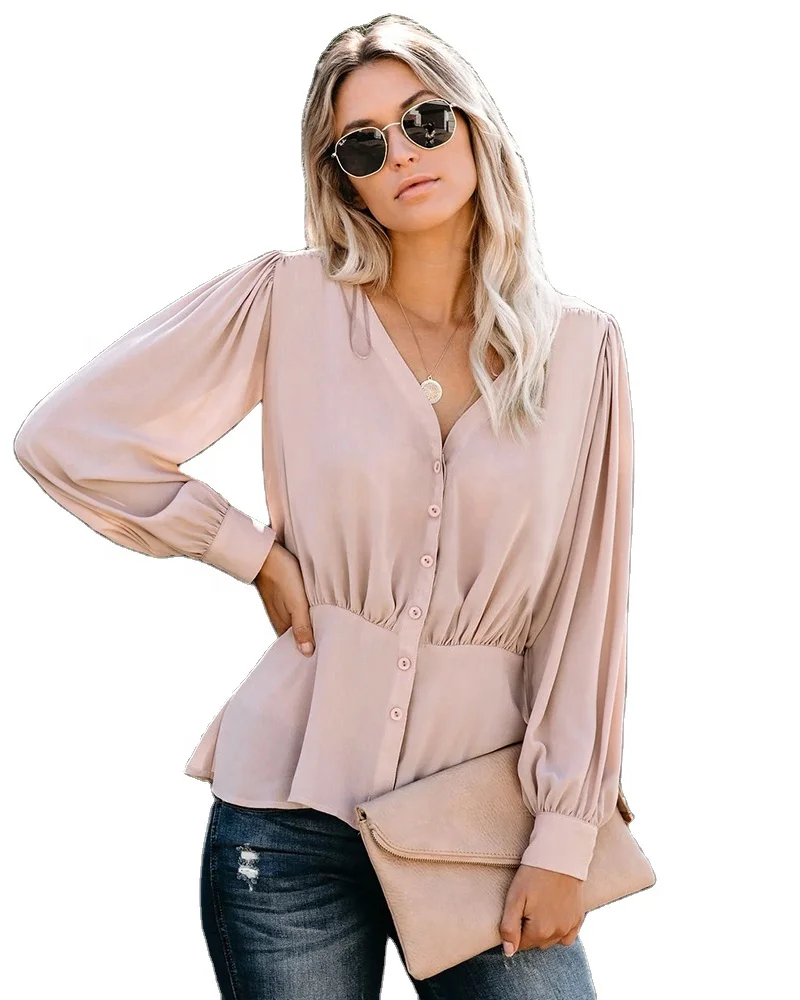 

New Arrival Woman Solid V Neck Ruffled Long Puff Sleeve Top Blouse, Picture