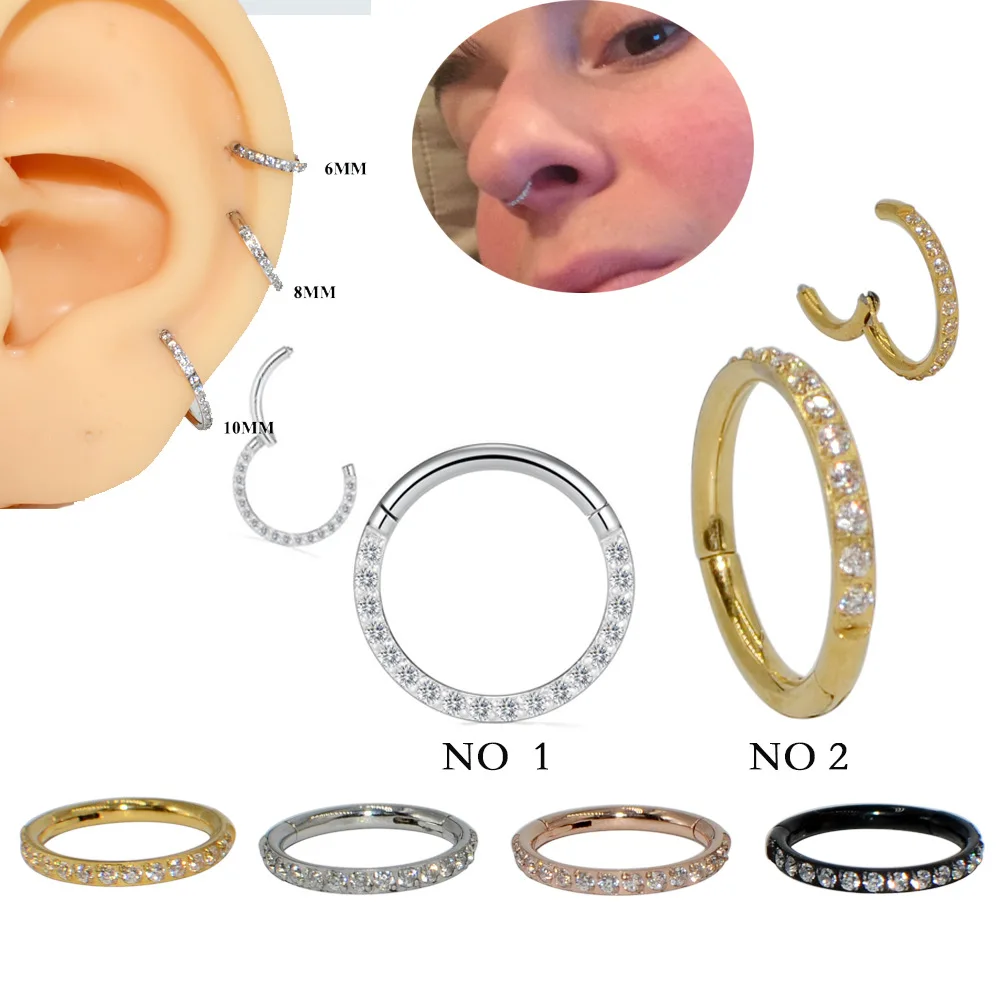 

NUORO 16G Surgical Steel Septum Clicker with Zircon Tragus Helix Cartilage Earring Hinged Segment Rings Hoop Nose Ring