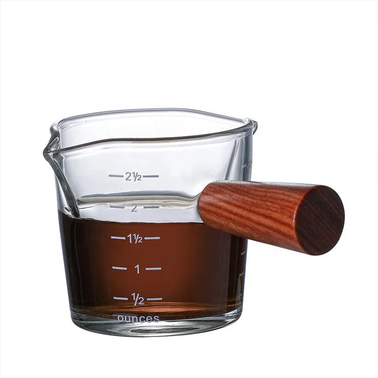 

Double Spouts Wood Handle 2.5 oz Espresso Shot Glass Espresso Measuring Glass Cup Triple Pitcher Coffee Measuring Cup