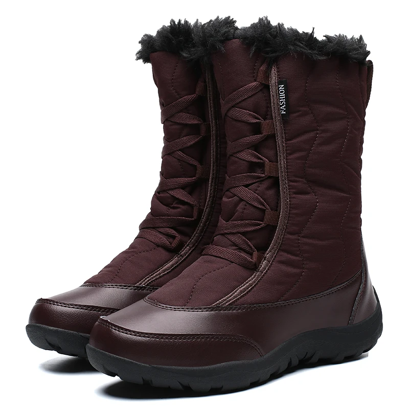 

Women's Warm Waterproof Cold-Resistant Furry Collar Outdoor Mid Calf Easy Wear Lace-up Winter Snow Boots, As the picture or customized