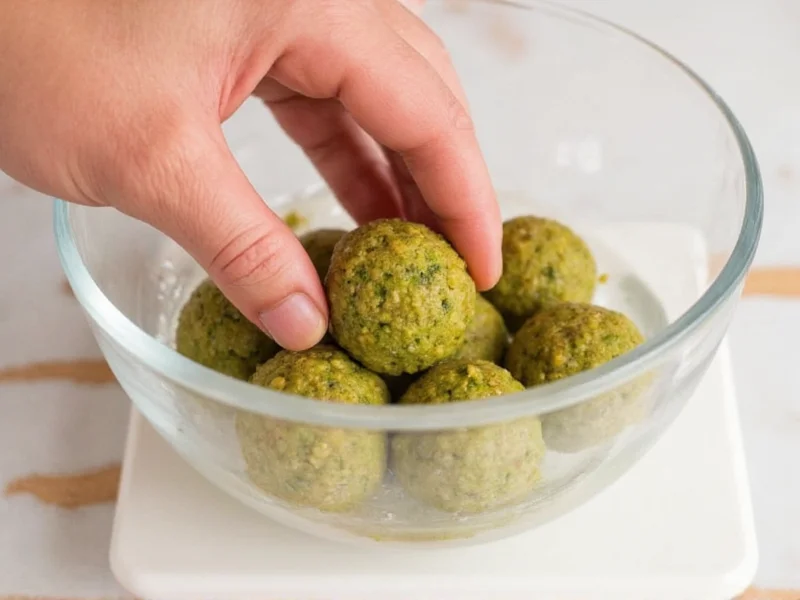 Hand shaping falafel mixture into balls with ice water dip