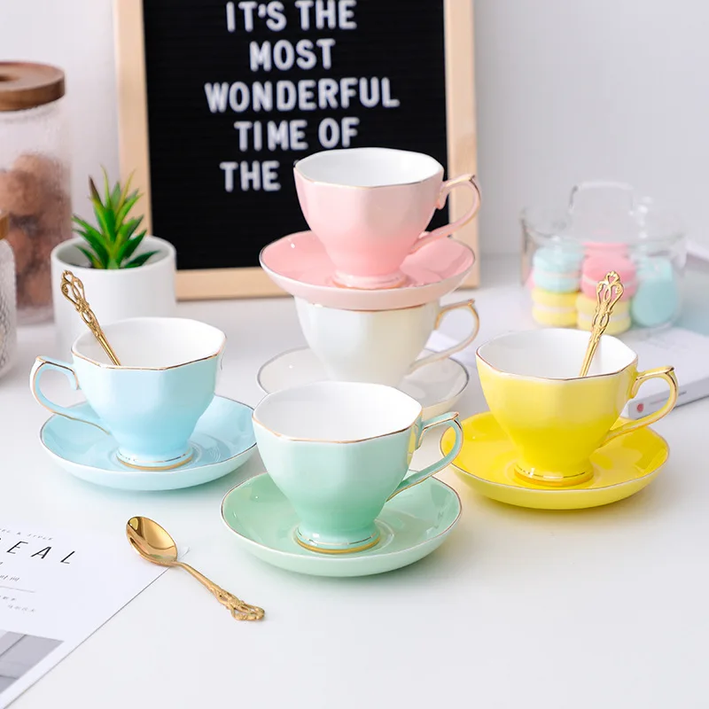 

2021 New Set of 6 Wholesale Bulk Coffee Cup Gold Rim Color Glazed Ceramic Tea Cups and Saucers Afternoon Tea Cup, White, blue, pink, yellow, green