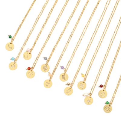 

Horoscope Astrology 12 Constellations Pendant Extension Chain Necklace European Gold Plated Stainless Steel Zodiac Sign Necklace