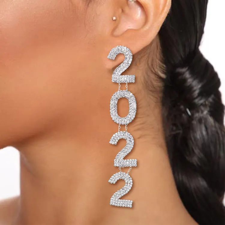 

SC New Design 2022 Year Dangle Earrings Shiny Full Diamond Statement Earrings Fashion Long 2022 Year Number Earrings for Women, Silver, gold