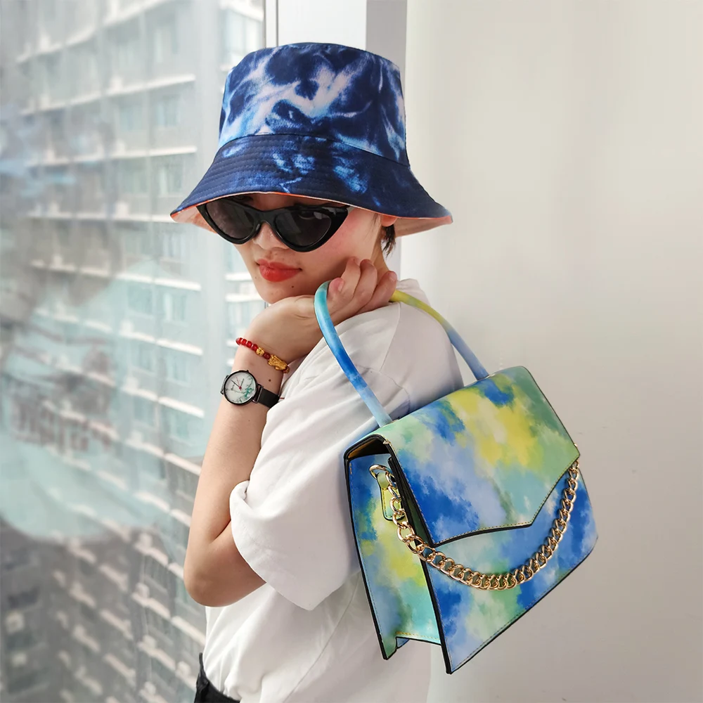 

2021 Wholesale Fashion Tie Dye handbags Hot Selling purses and handbags Women Handbags Ladies Single Shoulder Purse and Hat Set, 7 colors