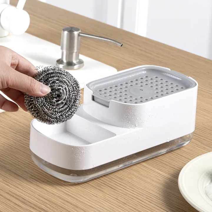 Kitchen Manual Press Cleaning Liquid Foaming Container Box Hand Dish Soap Dispenser Pump Box With Sponge Holder