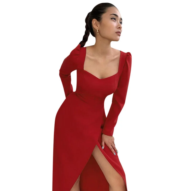 

FZ-45 New Style Women Square Neck Puff Sleeve Bodycon Dress Long Sleeve High Slit Elegant Girls Slim Skintight Sexy Dresses