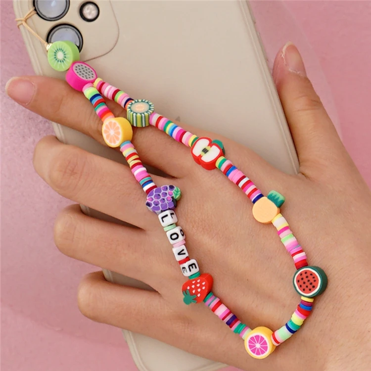 

Cell Phone Case Charm Beading Chain Beaded Lanyard, Cute Smile Star Fruit Plastic Pearl Beads Mobile Phone Key Purse Strap