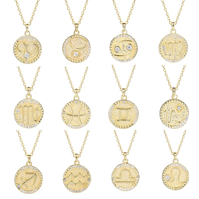 

YA0084 Original Initial Zodiac Jewelry Personalized 925 Silver Jewelry 18K Gold Coin Pendant 12 Sign Zodiac Necklace