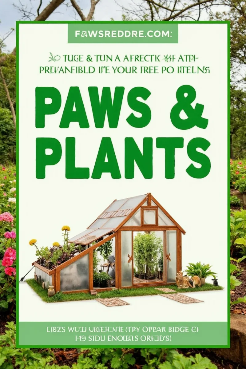 Final completed greenhouse attached to a home, featuring a mix of plants, pet beds, and lounge chairs, with a happy dog and cat resting inside.