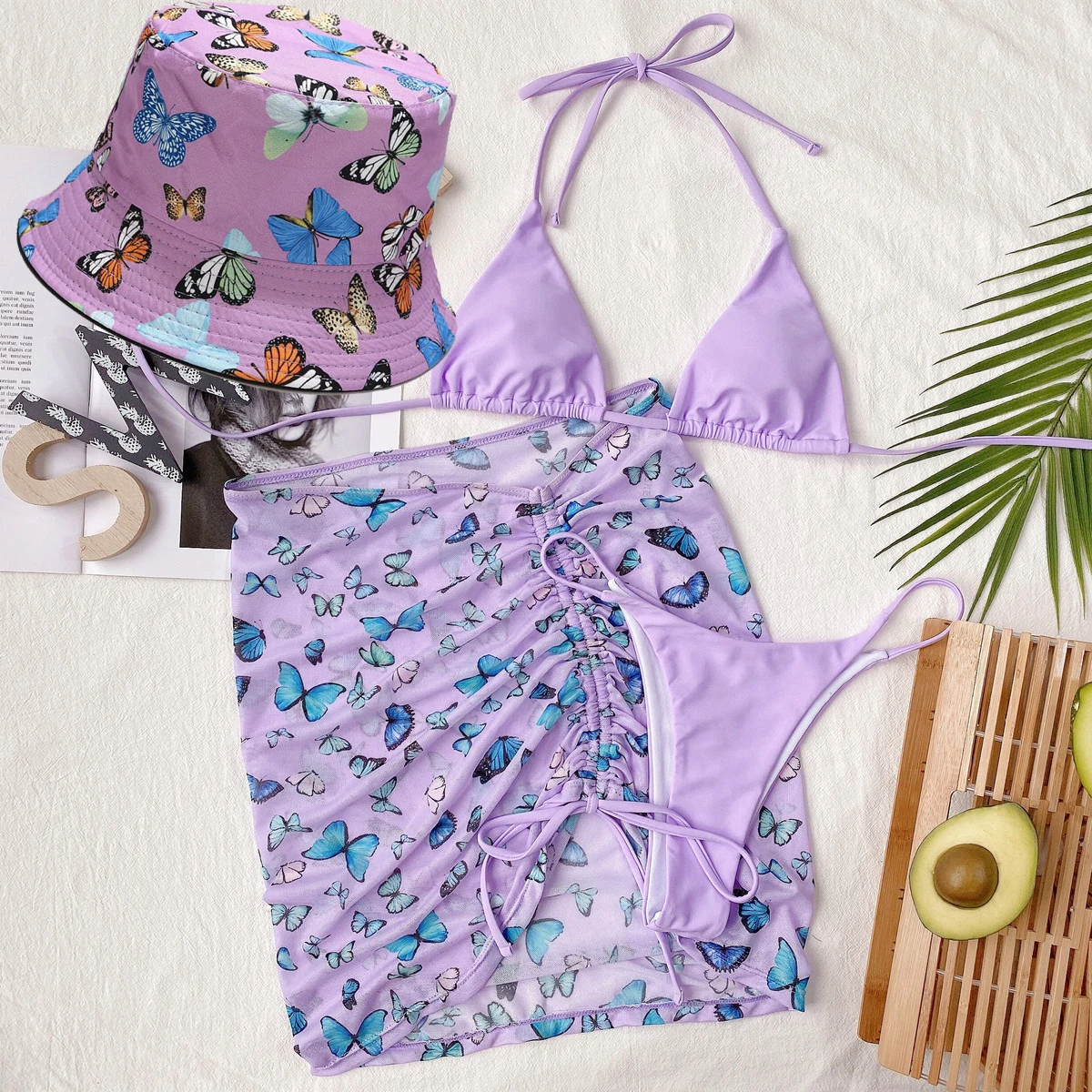

2021 hot seller butterfly printing bikini swimsuit bathing suit with bucket hat, 3 colors available