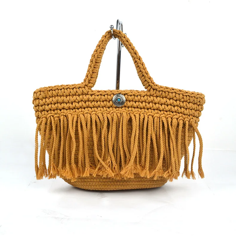 

Wholesale Women's Customize Woven Cotton Bohemian Crochet Tassel Tote Bag, Customized color