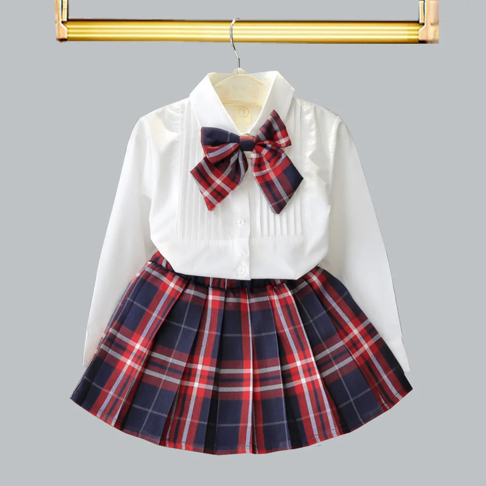 

Preppy style party girl dress plaid pleated skirt+solid colour long sleeve shirt 3pcs girl's clothing set, Picture shows