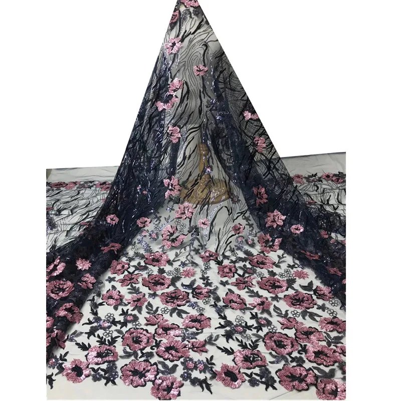 

Beautifical african lace flower embroidery sequin net french lace women 2021 ML44N622, Black