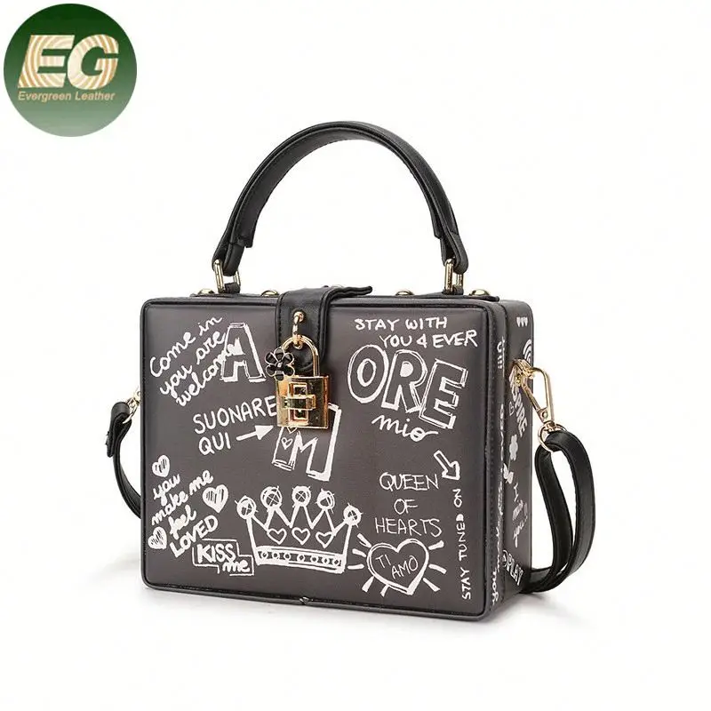 

EB1353 PU leather graffiti handbag purses women box evening clutch crossbody shoulder bag square case custom printed purse, Black