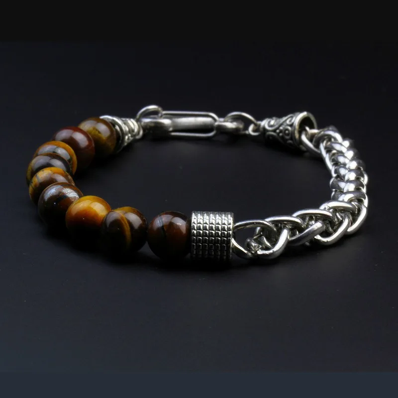 

Tiger eye Amethyst Turquoise Stainless Steel Chain Bracelet 8 mm Beads For Men ST098, As the pictures