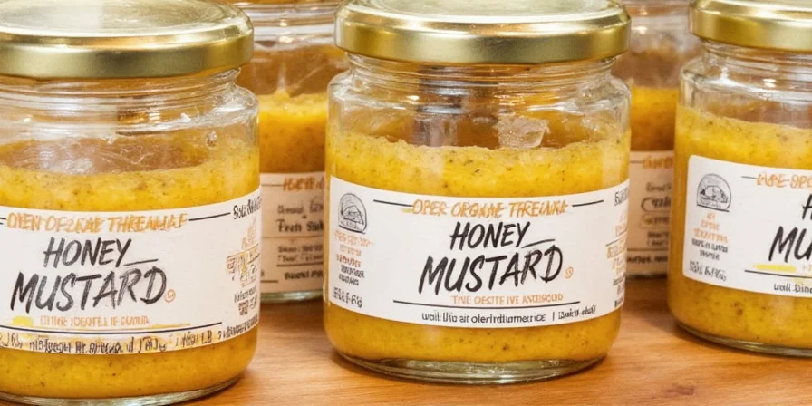 Organic honey mustard jar on a rustic table