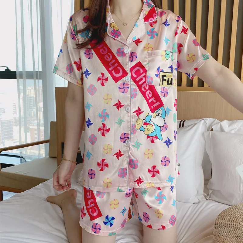 

Cheap Red Baju Tidur Import Silk Nighty Design Cartoon Night Wear Short Sleeve Striped Pajama Lounge Women 2 Pc Sleepwear Set