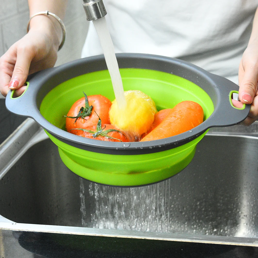 

Wholesale Food Grade Silicone Pot Collapsable Bowls Kitchen Silicone Strainer Collapsible Colanders, Blue/red/orange/green