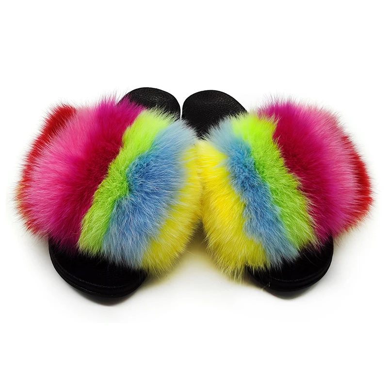 

Wholesale Sandals raccoon fur slides Custom Logo fox fur furry slippers for women kids fur slides 2019, Colors can be customized