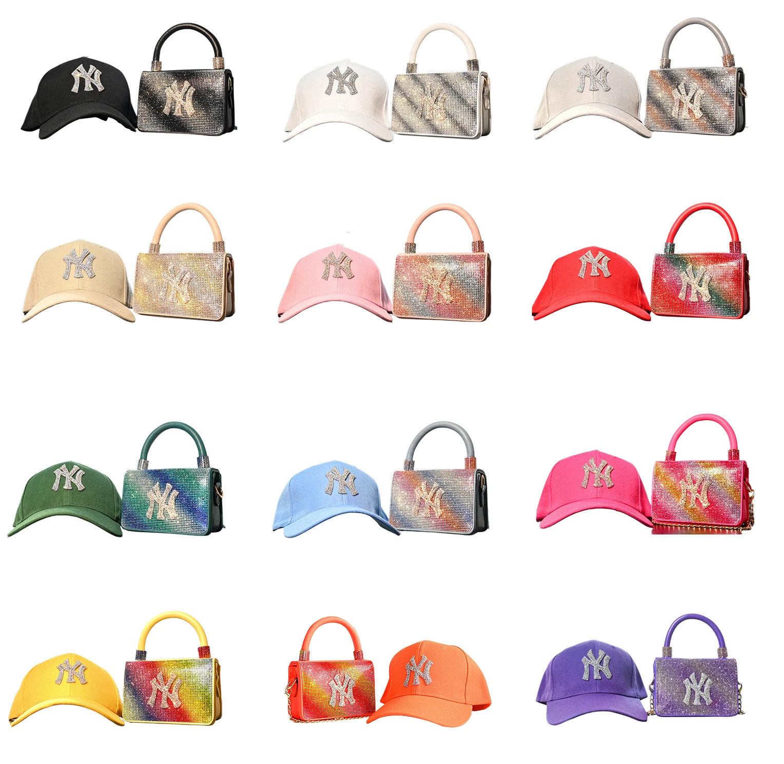 

Hot Sale Fashion Women Rhinestone Baseball Caps Matching Messenger Bags New York Trendy NY Hat and Purse Set, Shown