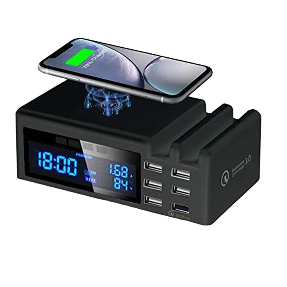 

Wireless USB Charger Station with Clock for iphone android Mobile Phone Tablet 48W Quick Charge 3.0 & LCD Display 6 USB Ports
