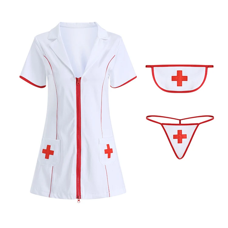 

Hot fashion V neck short skirt sexy women lingerie erotic nurse cosplay uniform, White