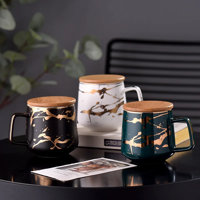 

Nordic style mugs creative sublimacion gold rim marble ceramic coffee glazed mugs cups tumbler black green mug with wooden lid