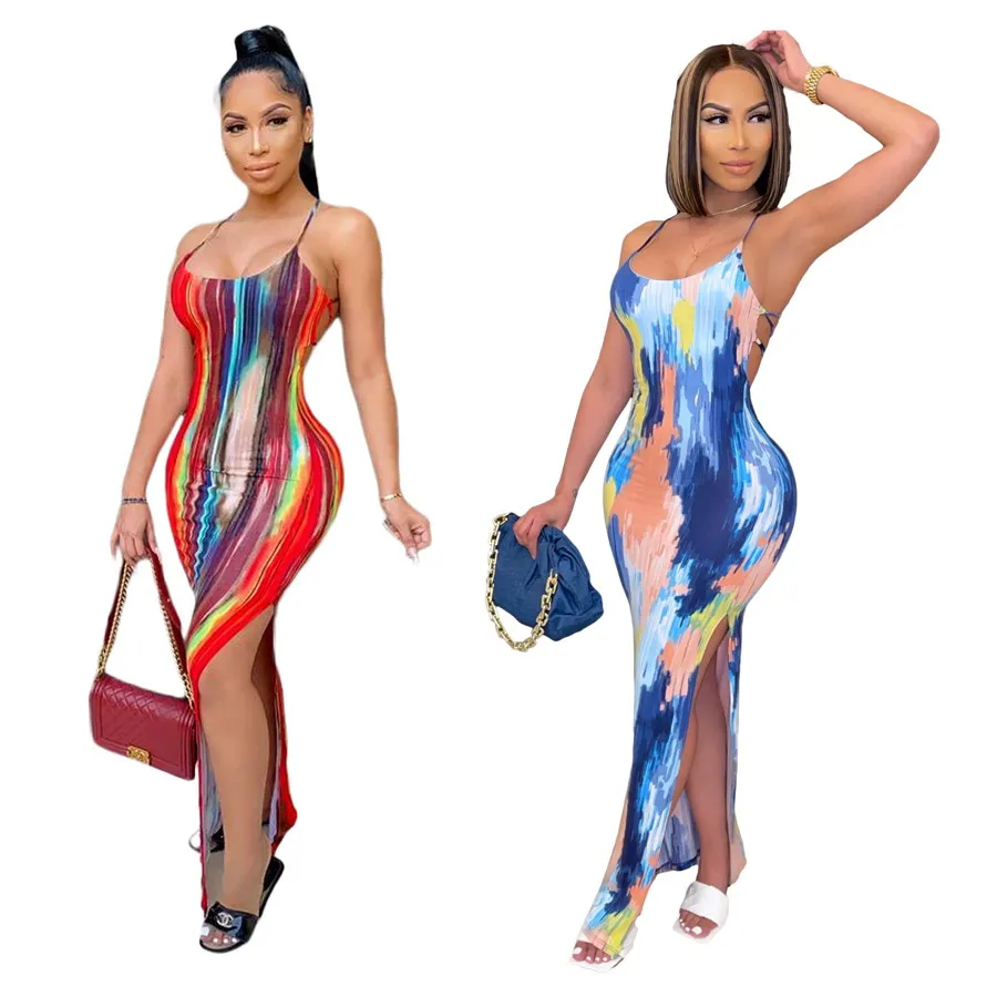 

Foma Dresses BN148 summer 2021 casual clothing tie dye printed suspender backless split sexy women long maxi dress, 2 colors