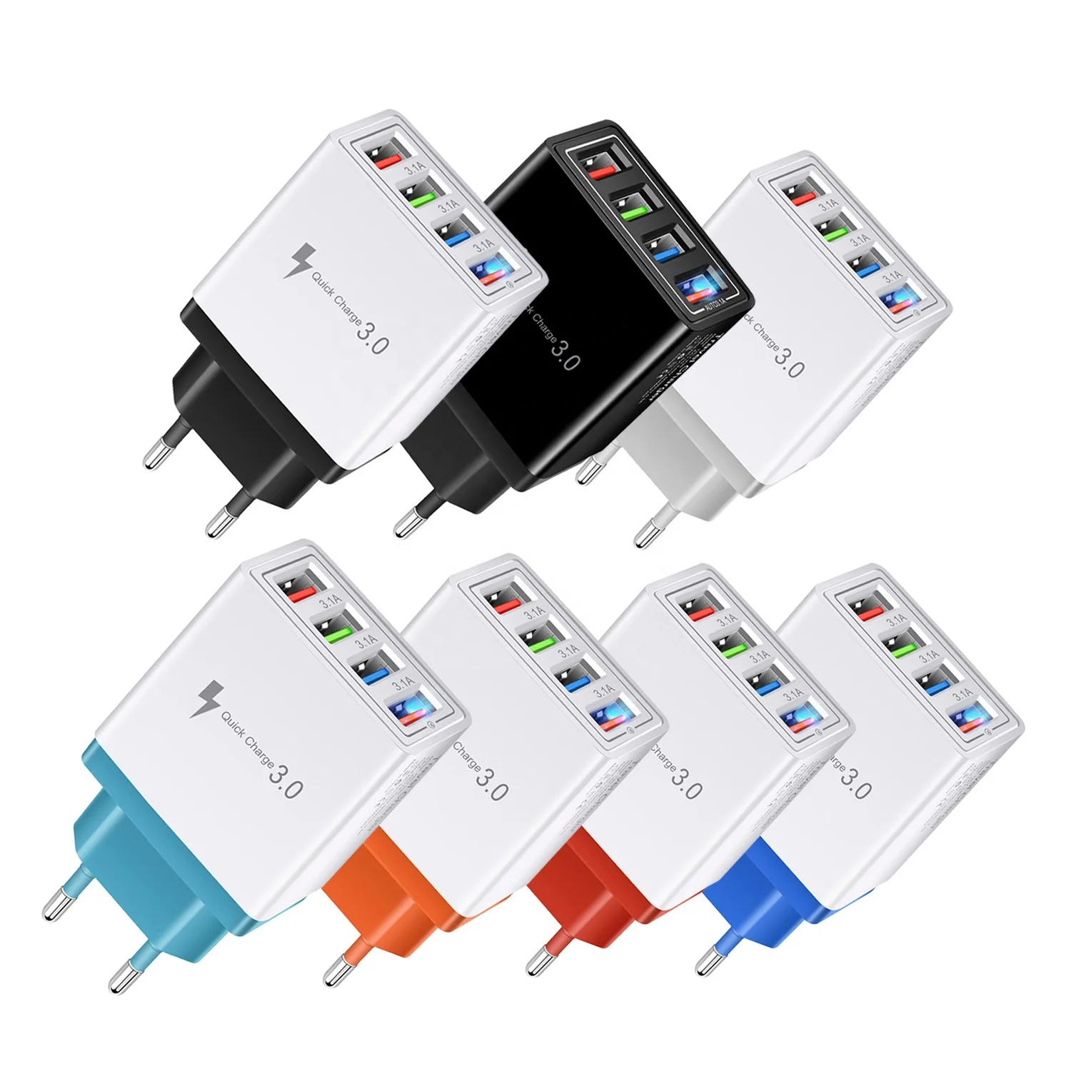 

Factory wholesale QC3.0 Fast Charging USB travelling Charger 4 Ports EU UK US Plug wall USB Charger, Black, blue, cyan, orange, white, red, green