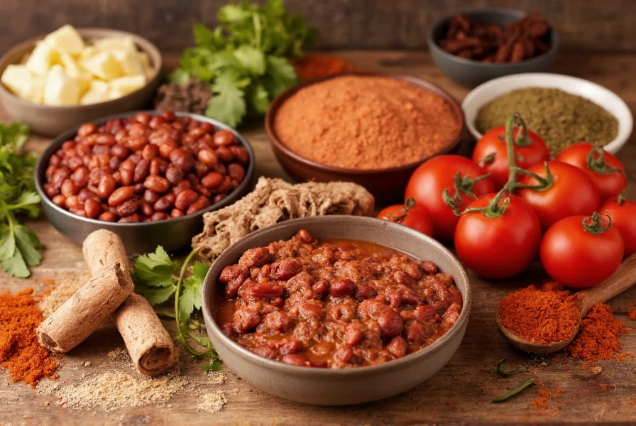 Close-up of canned chili ingredients including beans, ground beef, tomatoes, and spices arranged on wooden table