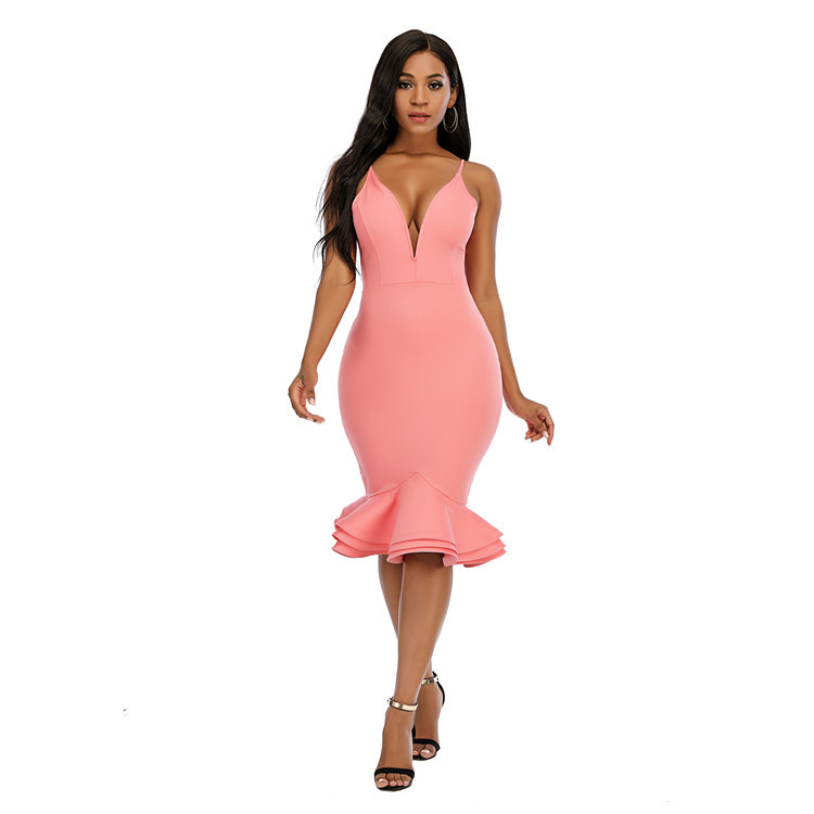 

High Quality Fabric Wholesale Ruffle Solid Slip V-Neck Pink Summer Bodycon Ladies Women Clothing Stylish Sexy Dresses, Customized color