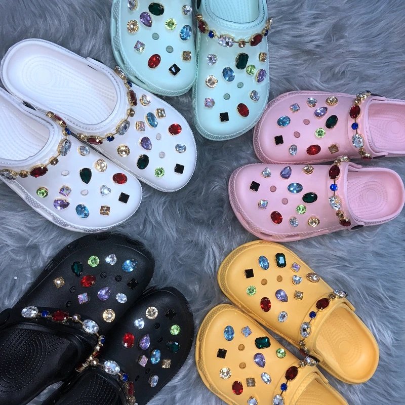

2021 New Arrivals Rhinestone Dcor Croc Sandal Summer Flat Croc Women Candy Color Clogs Slippers, Shown